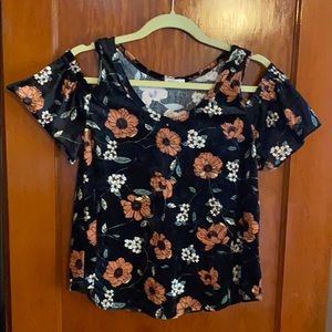 Floral and Black chenille cold shoulder top